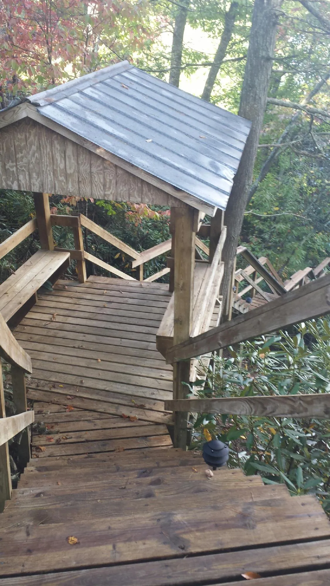Metal roofed shelter over wooden steps on a wooded walkway — Skylight Repair & Installation work by our crew in Dallas Center